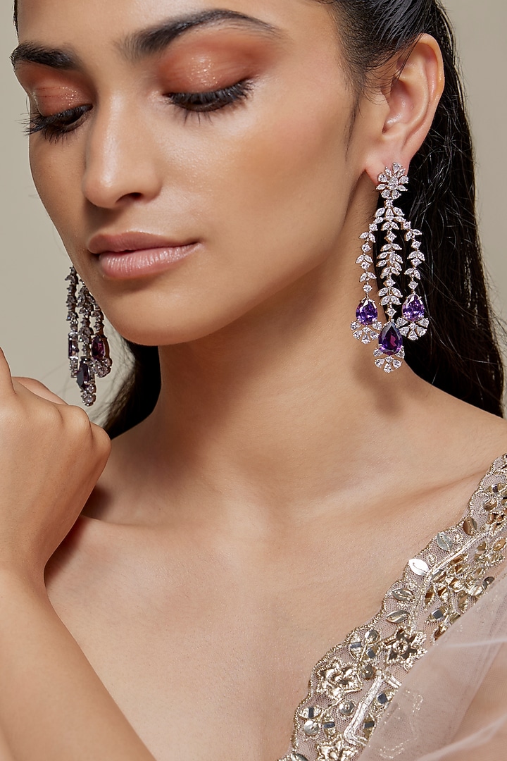 White Finish Zircon & Amethyst Stone Dangler Earrings by Moh-Maya by Disha Khatri at Pernia's Pop Up Shop