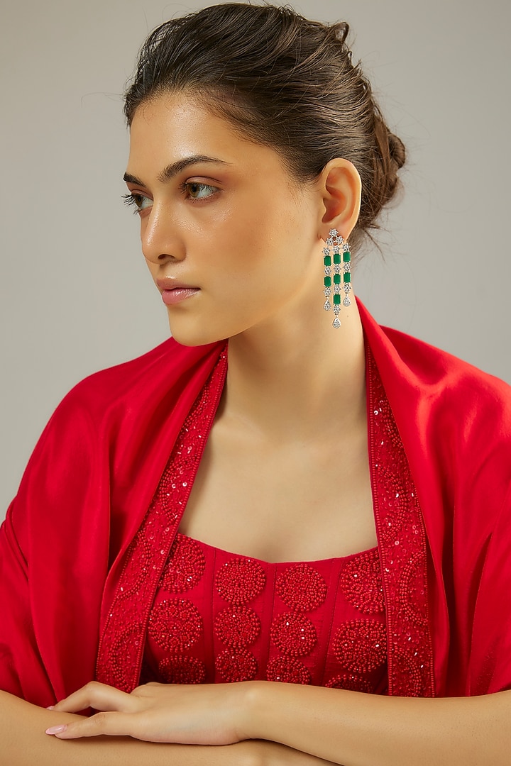 Silver Finish Emerald Stone & Zircon Dangler Earrings by Moh-Maya by Disha Khatri at Pernia's Pop Up Shop