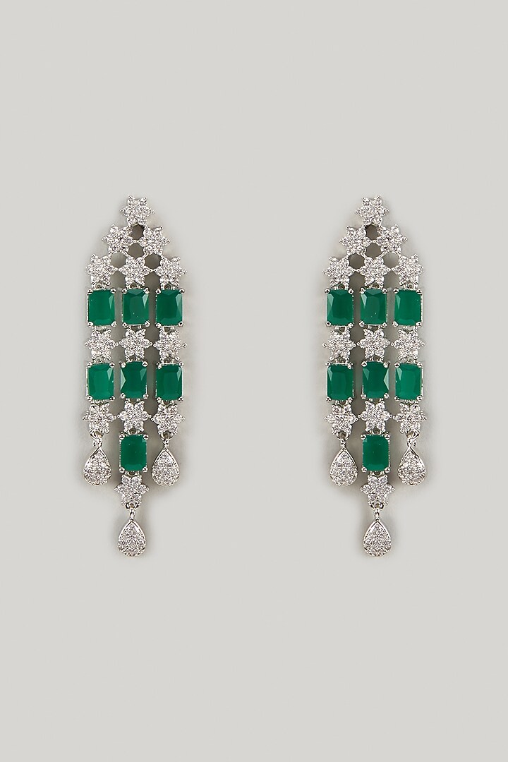 Silver Finish Emerald Stone & Zircon Dangler Earrings by Moh-Maya by Disha Khatri at Pernia's Pop Up Shop
