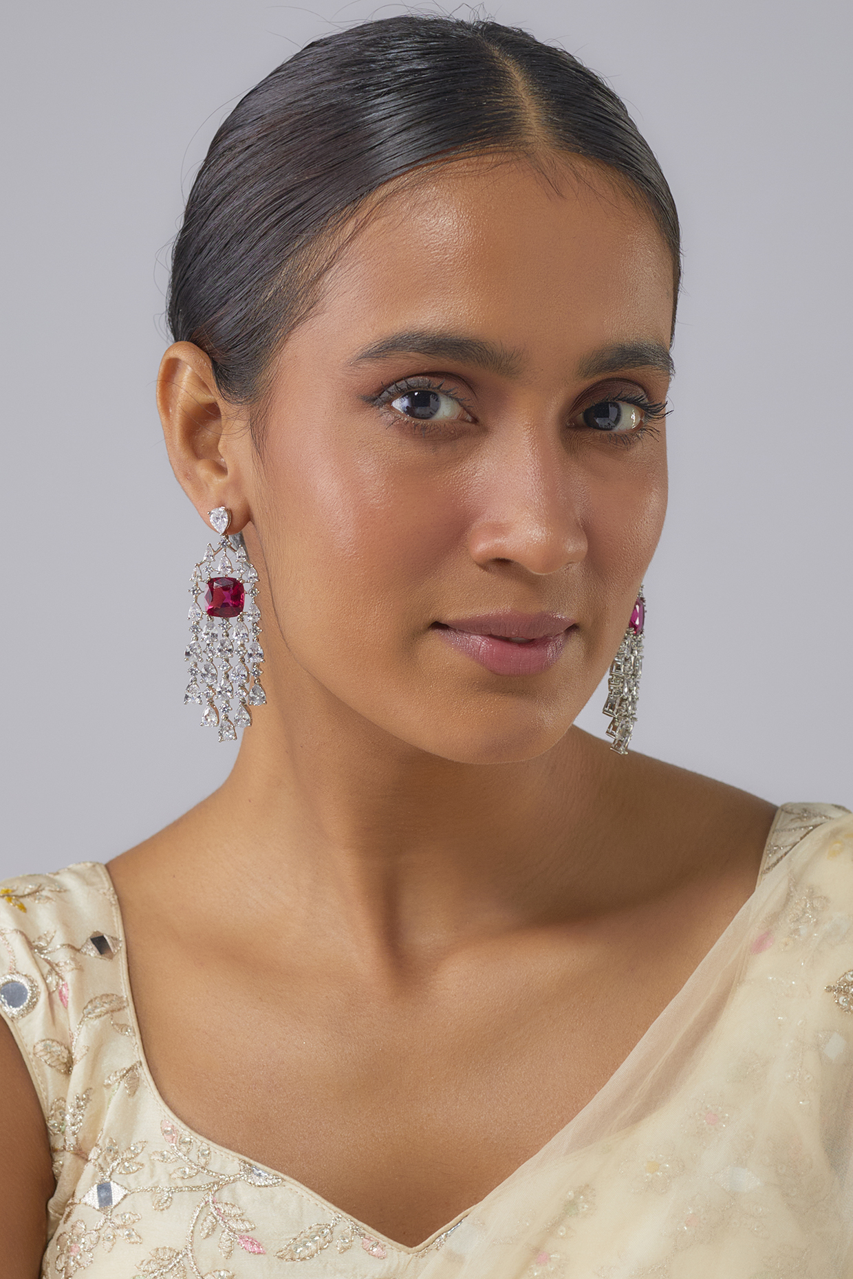 Silver Finish Ruby Stone & Zircon Dangler Earrings by Moh-Maya by Disha Khatri at Pernia's Pop Up Shop