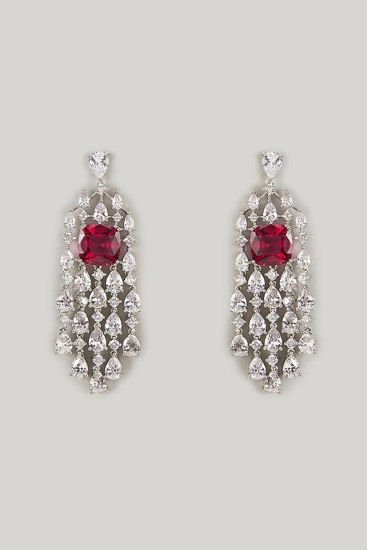 Silver Finish Ruby Stone & Zircon Dangler Earrings by Moh-Maya by Disha Khatri at Pernia's Pop Up Shop