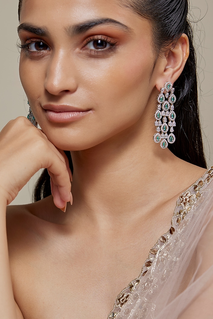 Silver Finish Blue Topaz Stone & Zircon Dangler Earrings by Moh-Maya by Disha Khatri at Pernia's Pop Up Shop