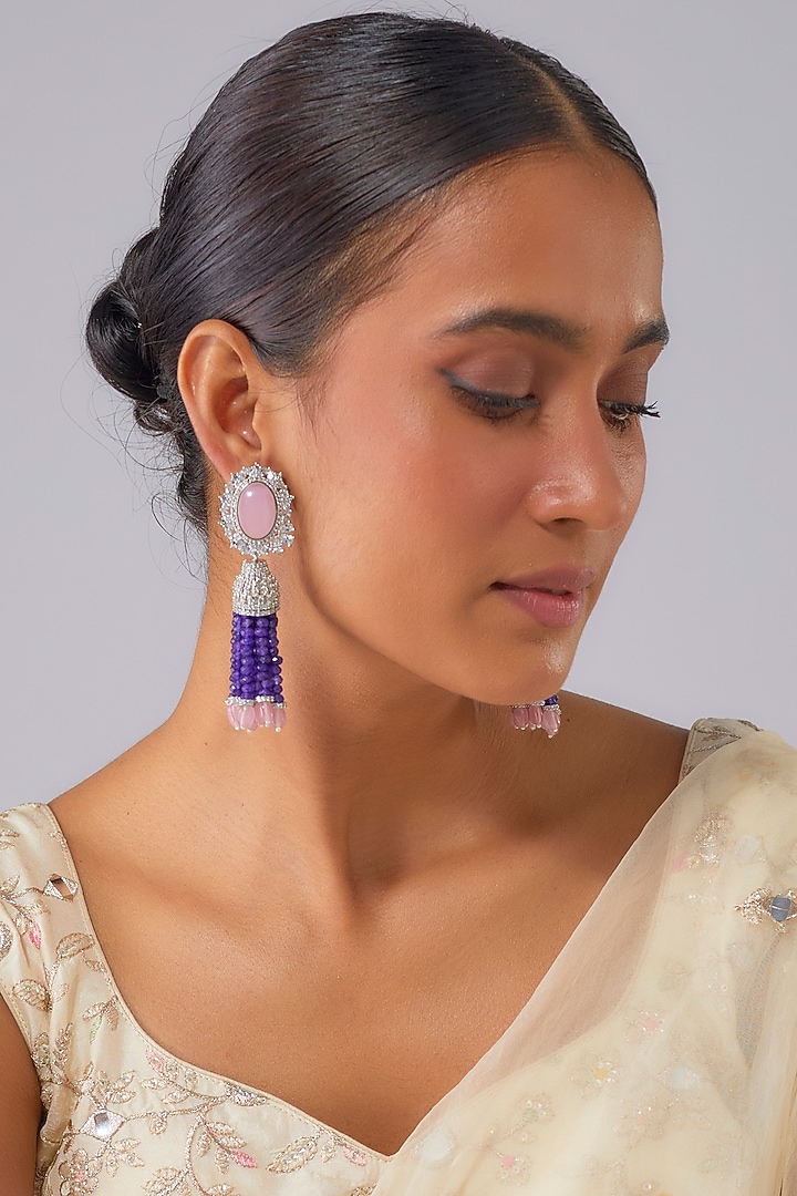 Silver Finish Rose Quartz Stone & Zircon Dangler Earrings by Moh-Maya by Disha Khatri at Pernia's Pop Up Shop
