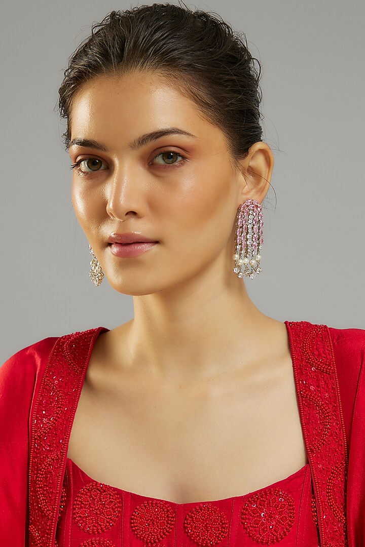 Silver Finish Rose Quartz Stone & Zircon Dangler Earrings by Moh-Maya by Disha Khatri at Pernia's Pop Up Shop
