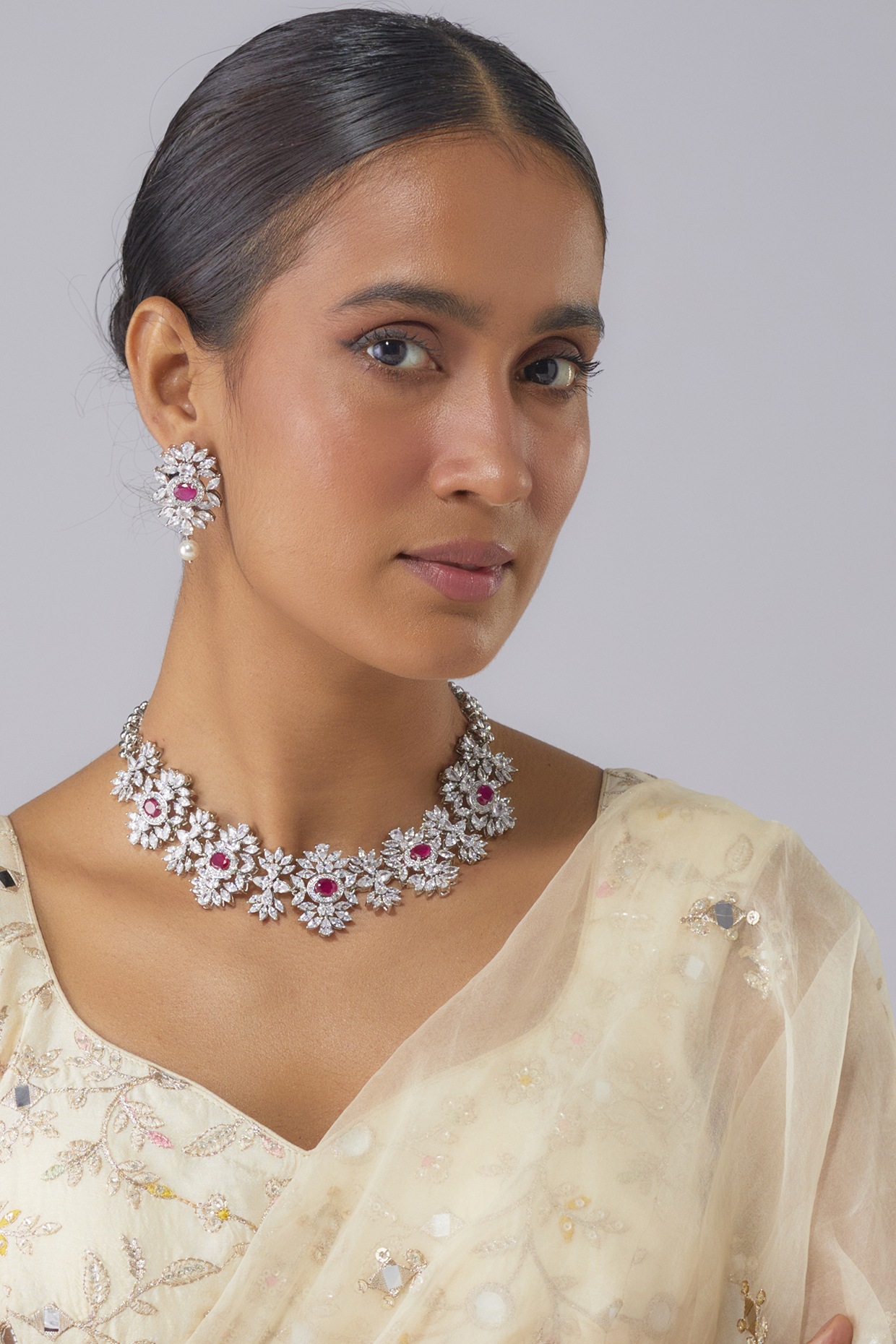 Silver Finish Ruby Stone & Zircon Necklace Set by Moh-Maya by Disha Khatri at Pernia's Pop Up Shop