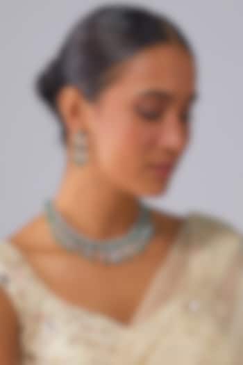 Silver Finish Emerald Stone & Zircon Necklace Set by Moh-Maya by Disha Khatri at Pernia's Pop Up Shop