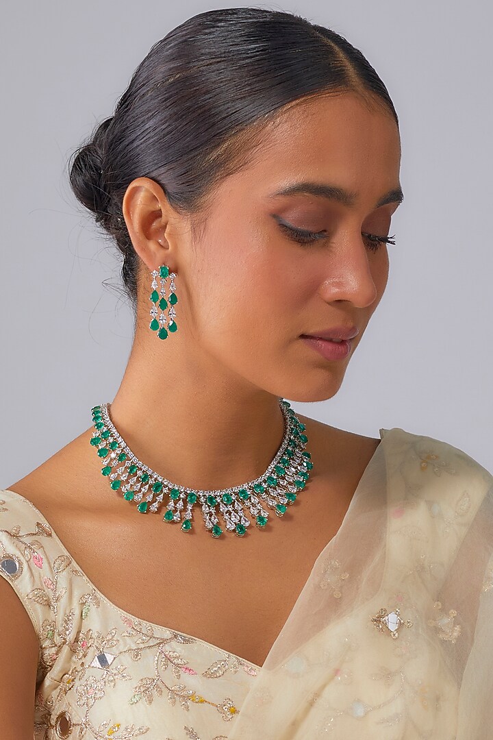 Silver Finish Emerald Stone & Zircon Necklace Set by Moh-Maya by Disha Khatri at Pernia's Pop Up Shop