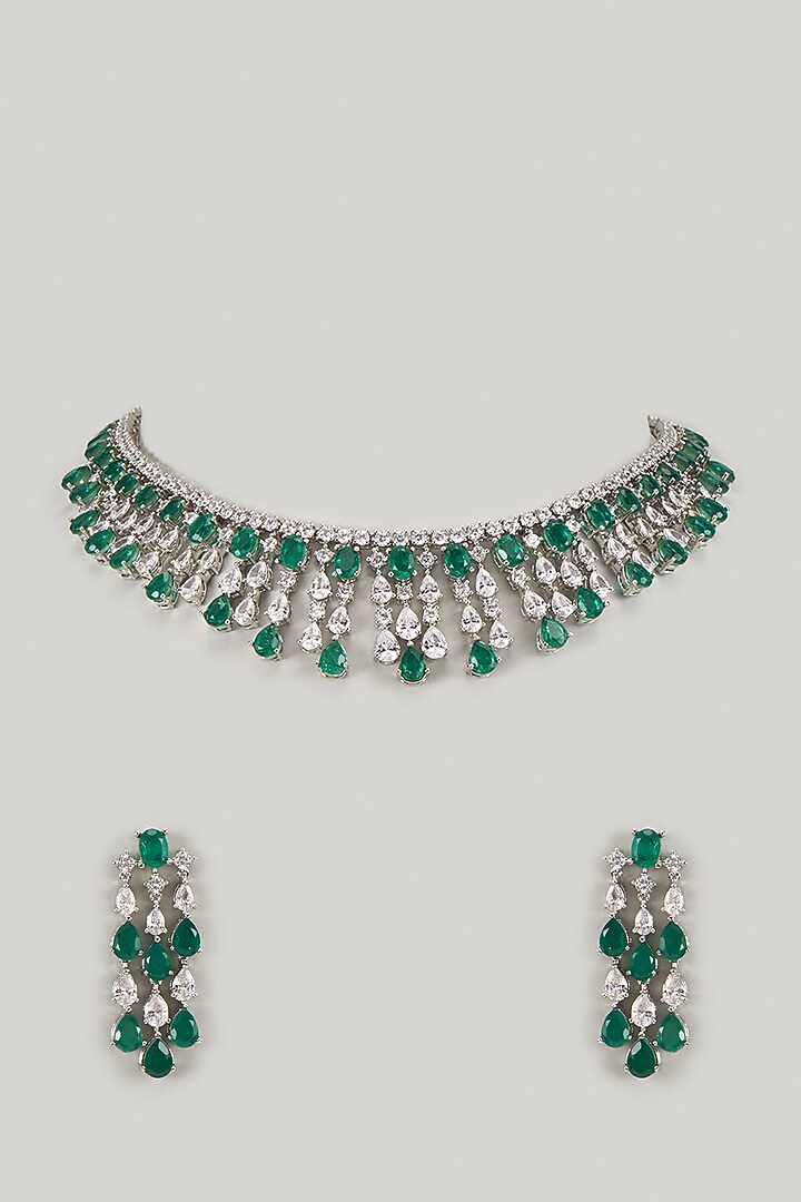 Silver Finish Emerald Stone & Zircon Necklace Set by Moh-Maya by Disha Khatri at Pernia's Pop Up Shop