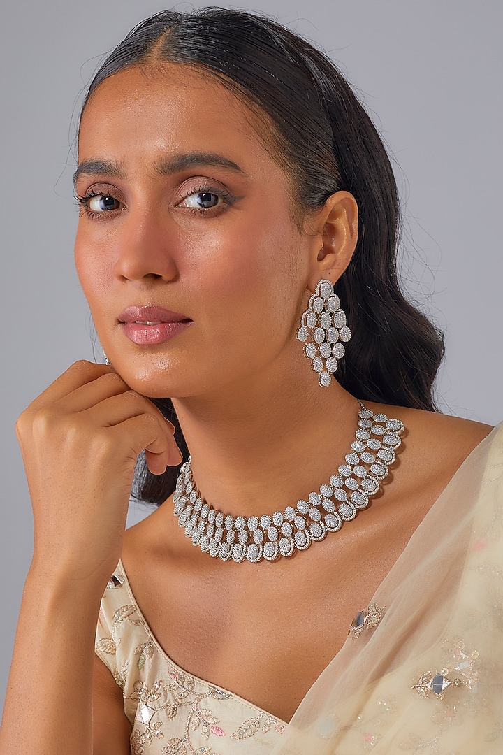 Silver Finish Zircon Necklace Set by Moh-Maya by Disha Khatri at Pernia's Pop Up Shop