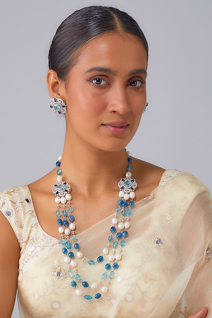 Silver Finish Aqua Marine Stone & Zircon Layered Long Necklace Set by Moh-Maya by Disha Khatri at Pernia's Pop Up Shop