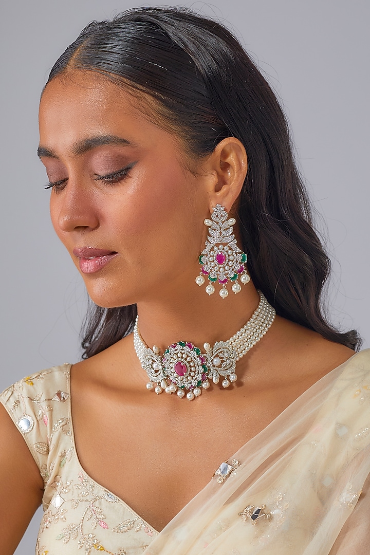 Silver Finish Ruby Stone & Zircon Choker Necklace Set by Moh-Maya by Disha Khatri at Pernia's Pop Up Shop