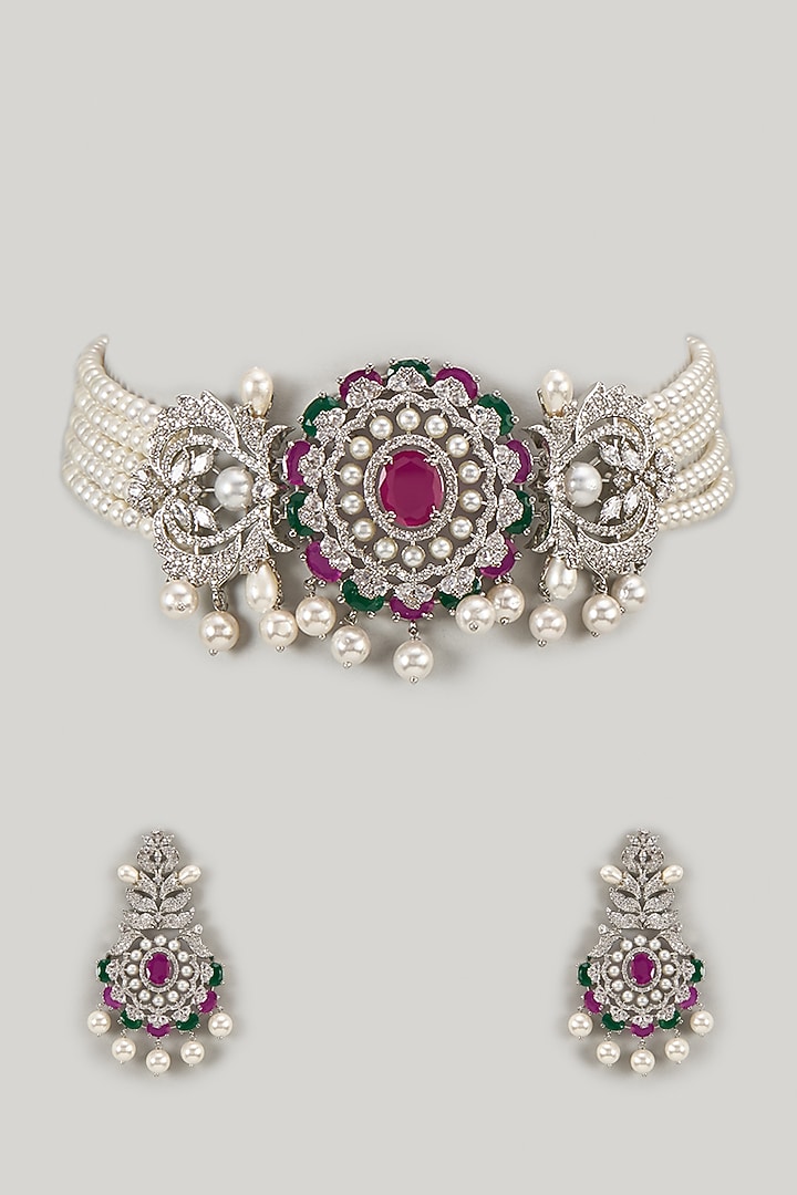 Silver Finish Ruby Stone & Zircon Choker Necklace Set by Moh-Maya by Disha Khatri at Pernia's Pop Up Shop