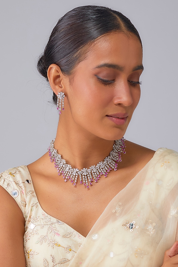 Silver Finish Rose Quartz Stone & Zircon Necklace Set by Moh-Maya by Disha Khatri at Pernia's Pop Up Shop