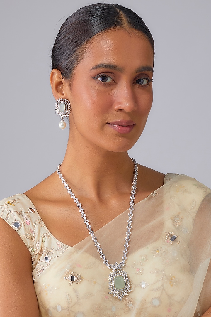 Silver Finish Turquoise Stone & Zircon Pendant Necklace Set by Moh-Maya by Disha Khatri at Pernia's Pop Up Shop