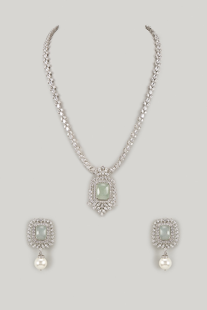 Silver Finish Turquoise Stone & Zircon Pendant Necklace Set by Moh-Maya by Disha Khatri at Pernia's Pop Up Shop