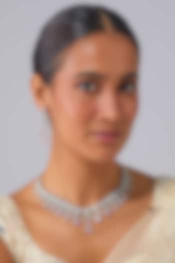 Silver Finish Rose Quartz Stone & Zircon Necklace Set by Moh-Maya by Disha Khatri at Pernia's Pop Up Shop