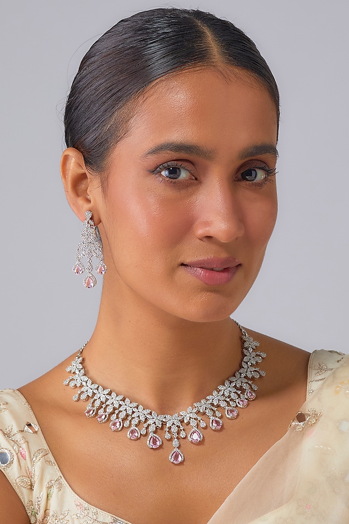 Silver Finish Rose Quartz Stone & Zircon Necklace Set by Moh-Maya by Disha Khatri at Pernia's Pop Up Shop
