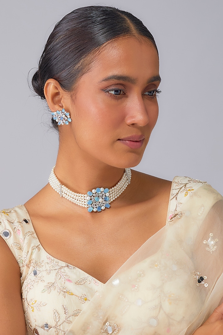 Silver Finish Aqua Opal Stone & Pearl Bead Choker Necklace Set by Moh-Maya by Disha Khatri at Pernia's Pop Up Shop