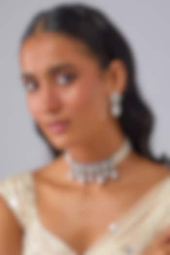 Silver Finish Zircon & Pearl Beaded Choker Necklace Set by Moh-Maya by Disha Khatri at Pernia's Pop Up Shop