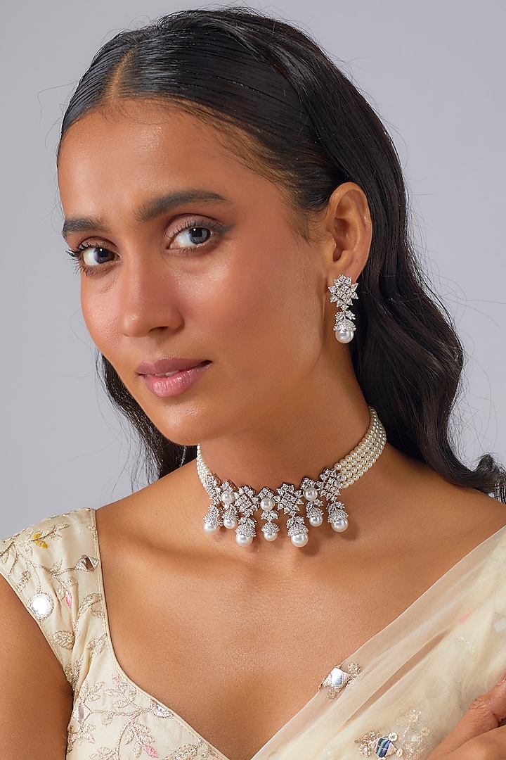 Silver Finish Zircon & Pearl Beaded Choker Necklace Set by Moh-Maya by Disha Khatri at Pernia's Pop Up Shop