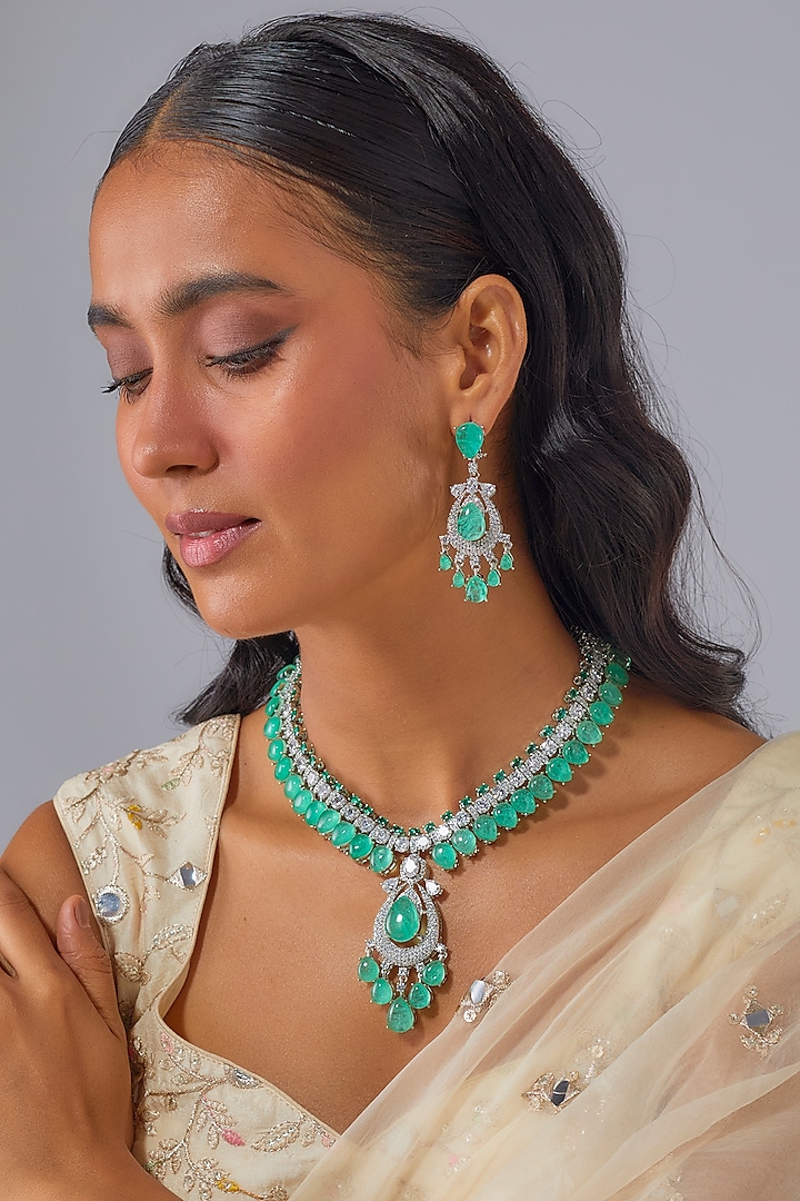 Silver Finish Zircon & Turquoise Stone Long Necklace Set by Moh-Maya by Disha Khatri at Pernia's Pop Up Shop