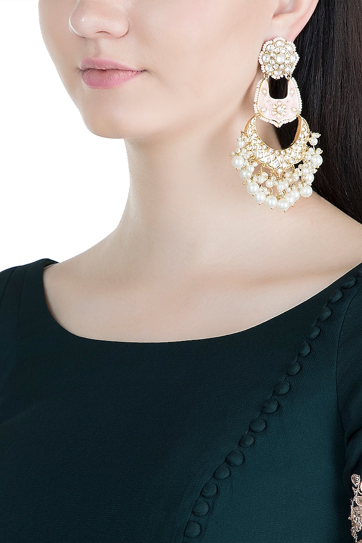 Gold Finish Light Pink Meenakari Kundan & Pearl Long Earrings by Moh-Maya by Disha Khatri