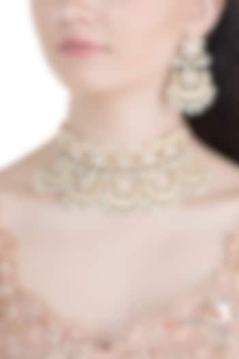 Gold Finish Meenakari Kundan & Pearl Choker Necklace Set by Moh-Maya by Disha Khatri