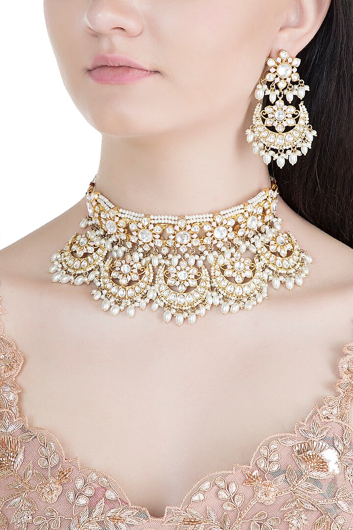 Gold Finish Meenakari Kundan & Pearl Choker Necklace Set by Moh-Maya by Disha Khatri