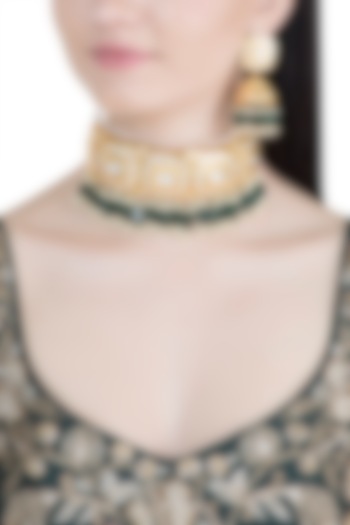 Gold Finish Emerald & Polki Kundan Choker Necklace Set by Moh-Maya by Disha Khatri