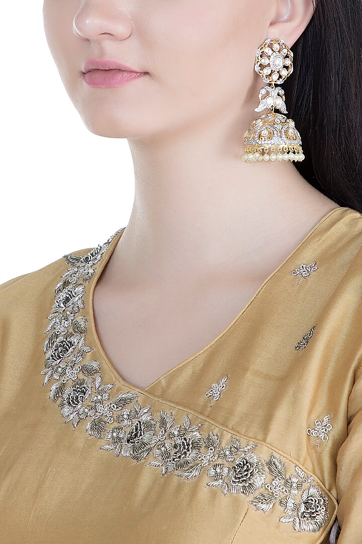 Gold Finish Kundan & Stone Long Jhumka Earrings by Moh-Maya by Disha Khatri