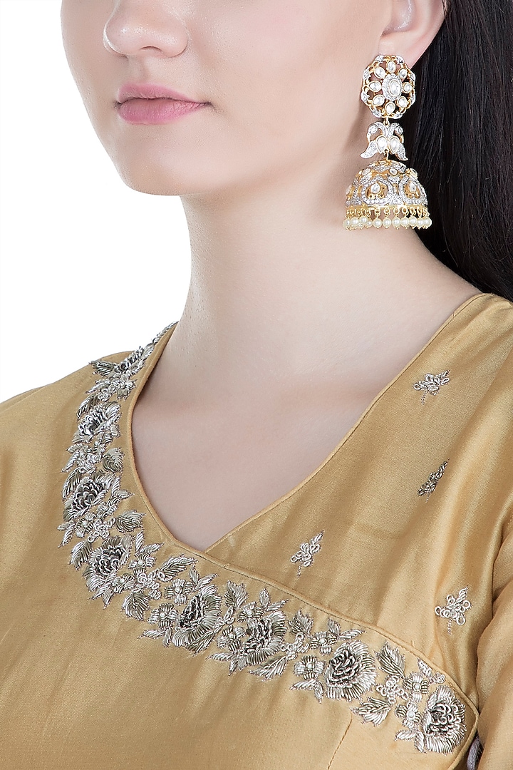 Gold Finish Kundan & Stone Long Jhumka Earrings by Moh-Maya by Disha Khatri at Pernia's Pop Up Shop