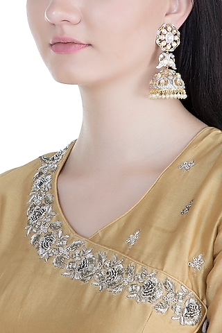 Gold Finish Kundan & Stone Long Jhumka Earrings by Moh-Maya by Disha Khatri