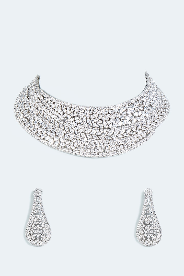 White Finish Faux Diamond Necklace Set by Moh-Maya by Disha Khatri at Pernia's Pop Up Shop