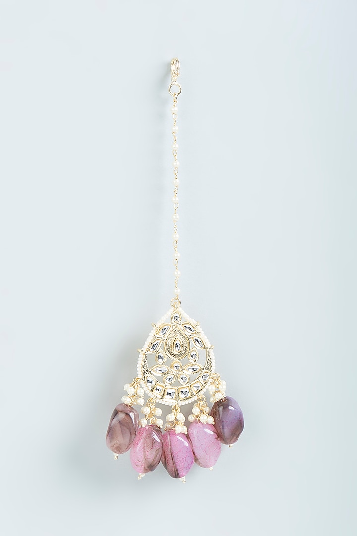 Gold Finish Pink Stone Maangtikka With Earrings by Moh-Maya by Disha Khatri