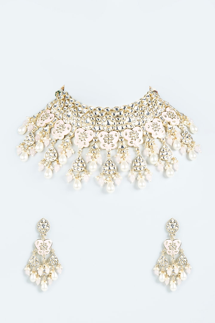 Gold Finish Meenakari Kundan Polki Choker Necklace Set by Moh-Maya by Disha Khatri
