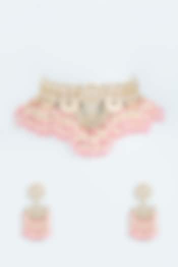 Gold Finish Pink Beaded Choker Necklace Set by Moh-Maya by Disha Khatri
