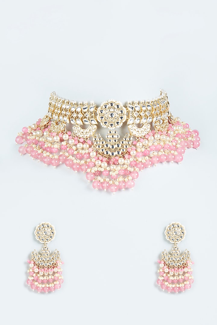 Gold Finish Pink Beaded Choker Necklace Set by Moh-Maya by Disha Khatri