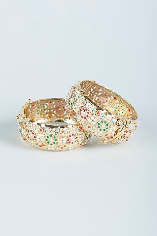 Gold Finish Multi-Colored Jadau Kadas (Set of 2) by Moh-Maya by Disha Khatri