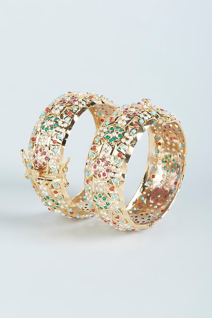 Gold Finish Multi-Colored Jadau Kadas (Set of 2) by Moh-Maya by Disha Khatri at Pernia's Pop Up Shop
