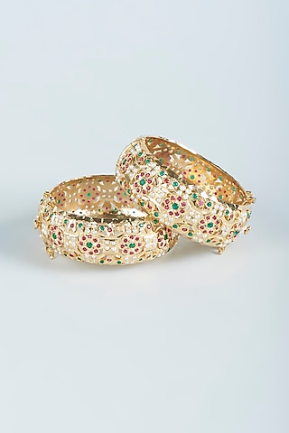 Gold Finish Multi-Colored Jadau & Pearl Kadas (Set of 2) by Moh-Maya by Disha Khatri