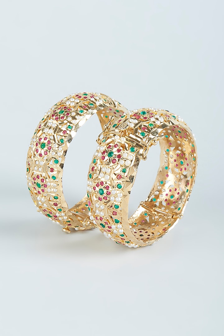 Gold Finish Multi-Colored Jadau & Pearl Kadas (Set of 2) by Moh-Maya by Disha Khatri at Pernia's Pop Up Shop