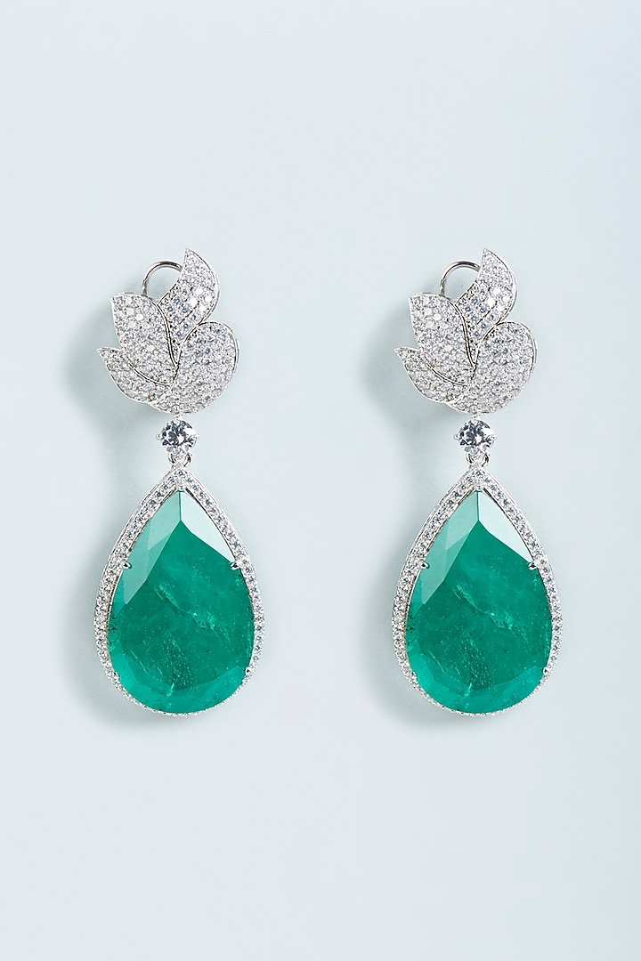 White Finish Faux Diamonds & Emerald Dangler Earrings by Moh-Maya by Disha Khatri