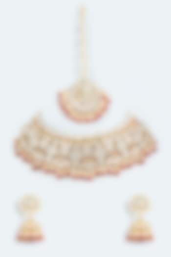 Gold Finish Kundan Polki & Red Beaded Choker Necklace Set by Moh-Maya by Disha Khatri at Pernia's Pop Up Shop
