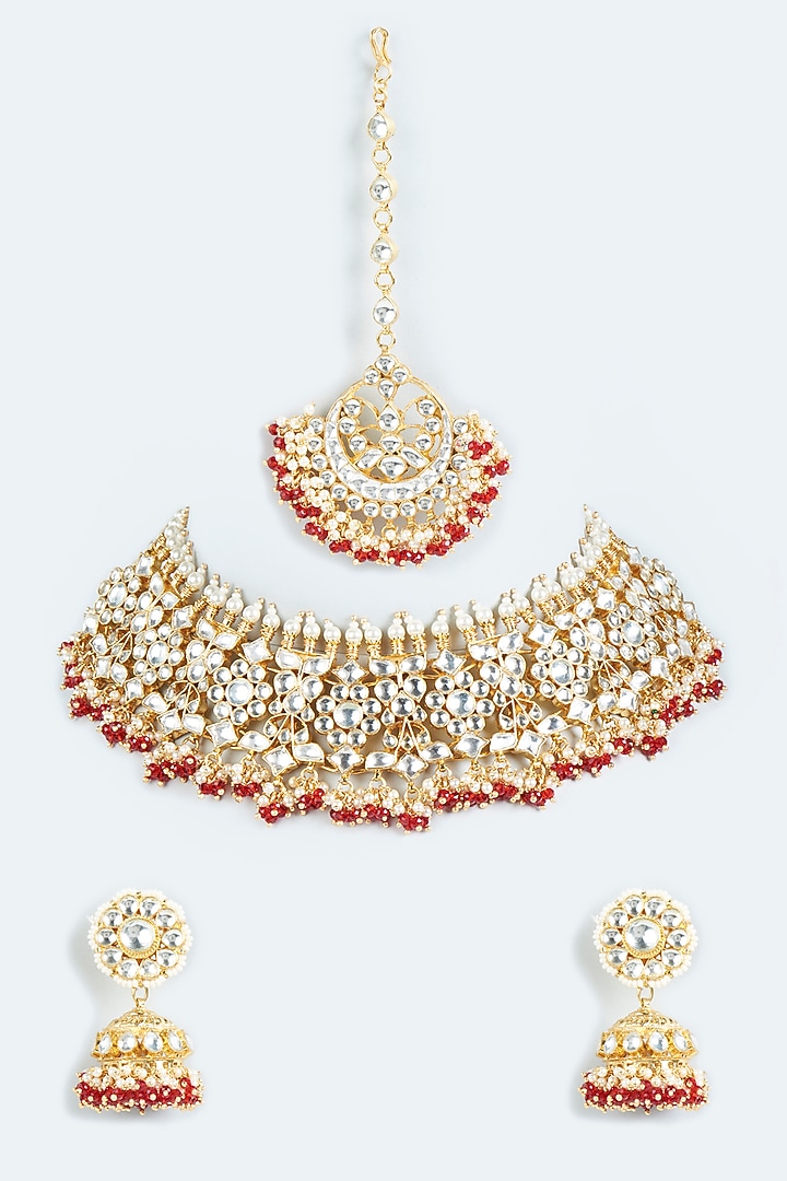 Gold Finish Kundan Polki & Red Beaded Choker Necklace Set by Moh-Maya by Disha Khatri at Pernia's Pop Up Shop