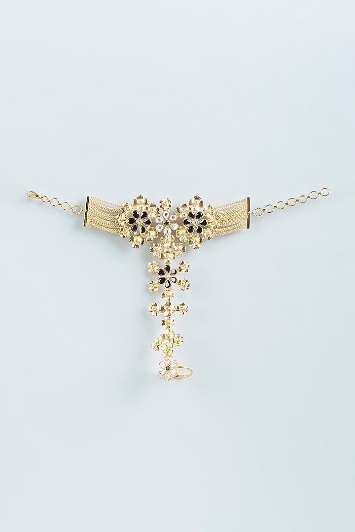 Gold Finish Black Stone Haathphool by Moh-Maya by Disha Khatri at Pernia's Pop Up Shop