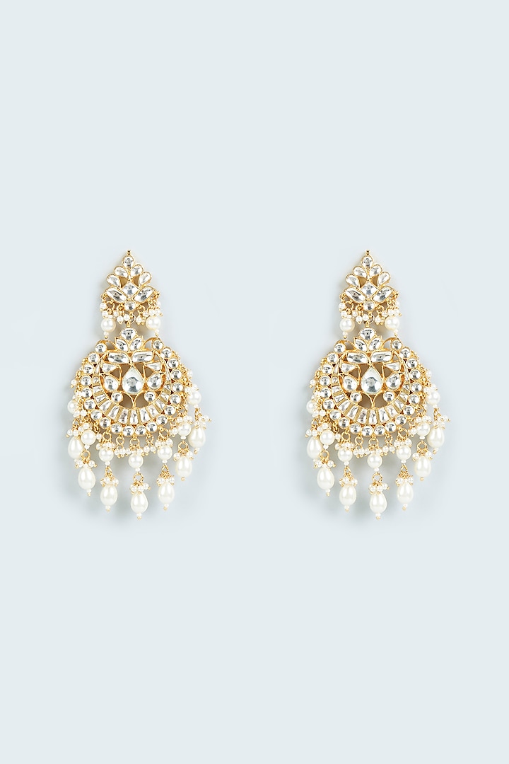 Gold Finish Pearl Chandbaali Earrings by Moh-Maya by Disha Khatri