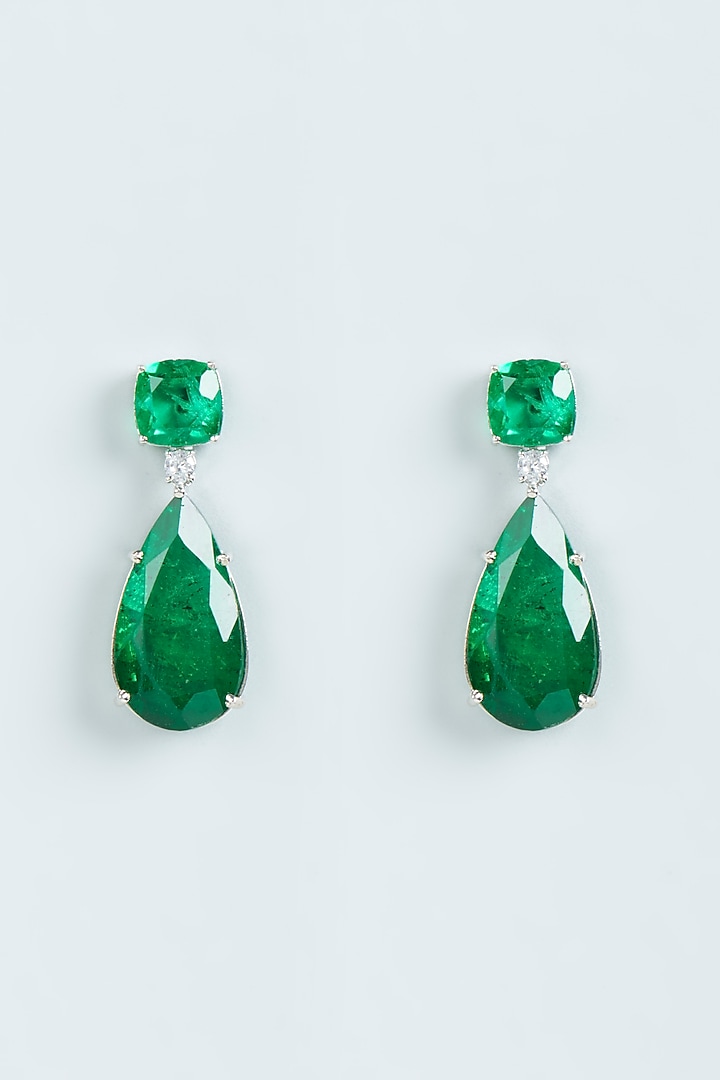 White Finish Green Stone Dangler Earrings by Moh-Maya by Disha Khatri