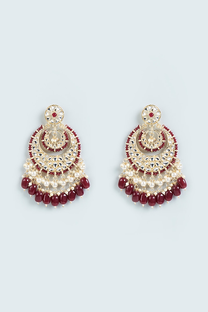 Gold Finish Red Beaded Chandbaali Earrings by Moh-Maya by Disha Khatri