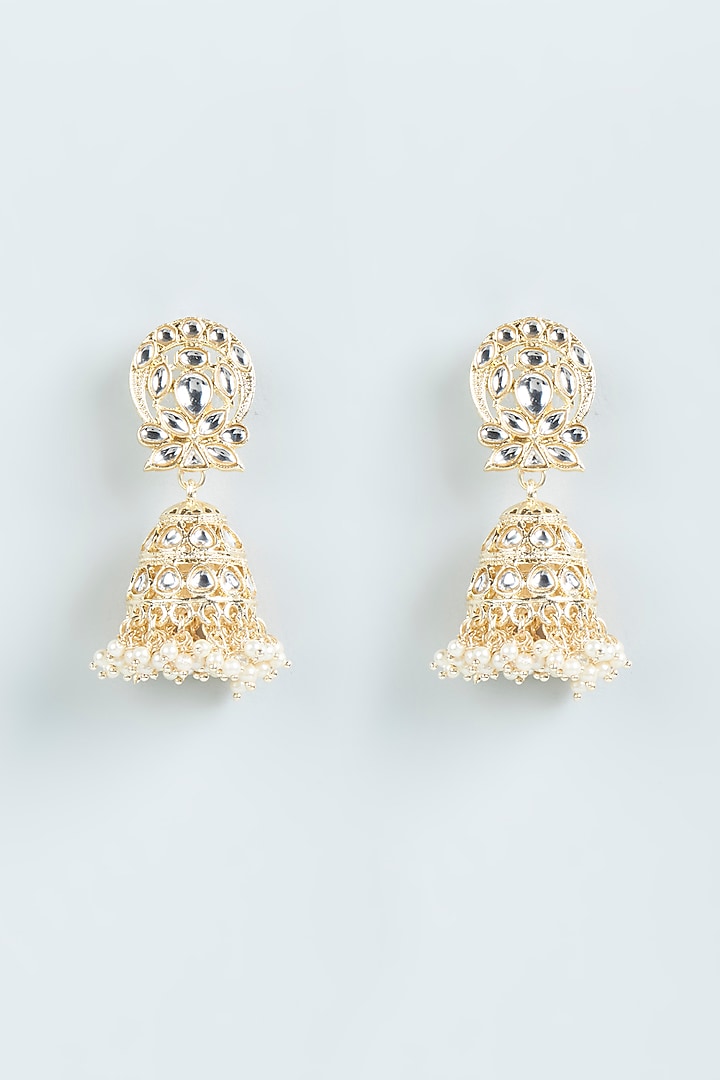 Gold Finish Kundan Polki Jhumka Earrings by Moh-Maya by Disha Khatri