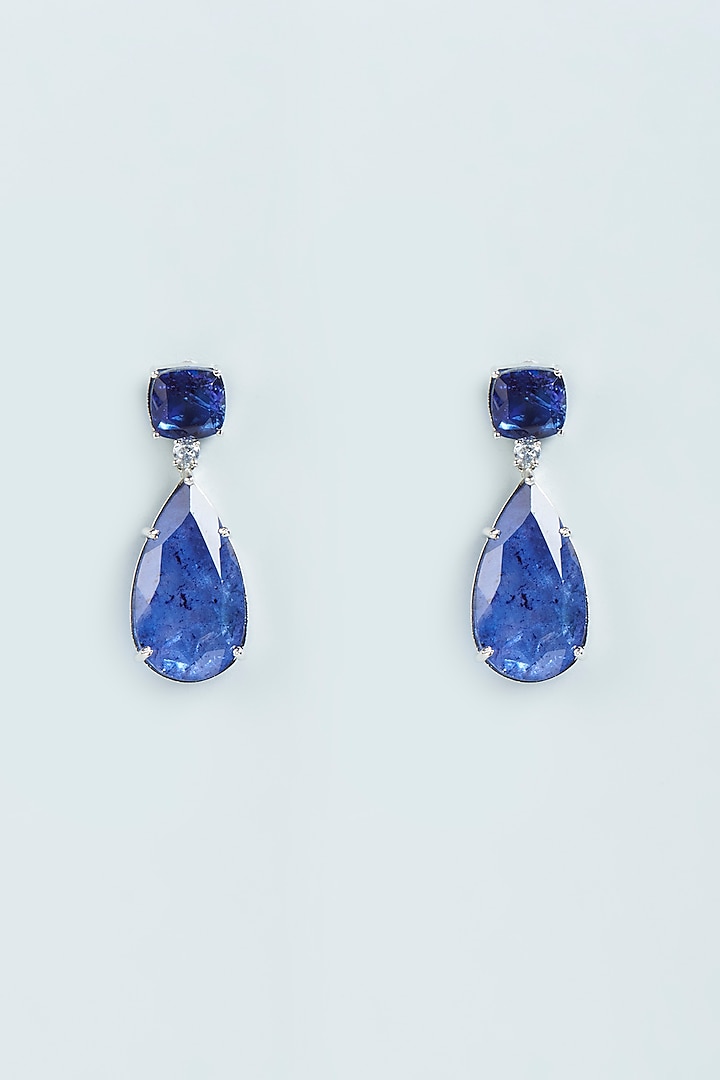White Finish Cobalt Blue Stone Dangler Earrings by Moh-Maya by Disha Khatri